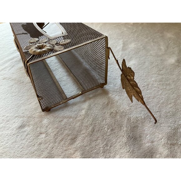 VTG MCM Tissue Box Cover Gold Tone Wire Mesh Hollywood Regency Leaves and Flower - Picture 7 of 12